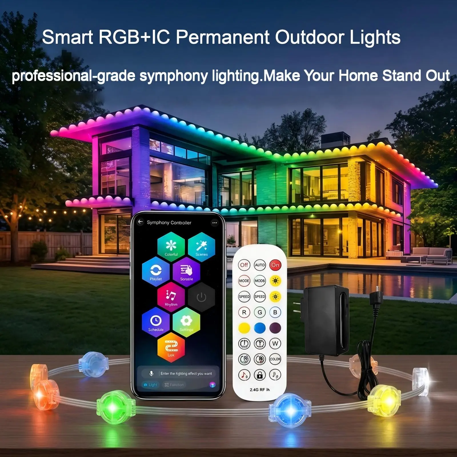 XFFQE 100FT Permanent Outdoor Lights, Smart Permanent Outdoor Lights with App Control, RGB+IC Color Changing ,IP67 Waterproof  for Christmas Halloween Holiday Decor, Music Sync Exterior Wall Lights