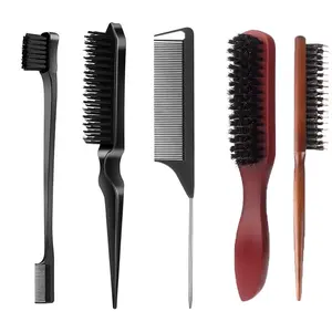 5pcs Pig Bristle Narrow Tooth Comb, Volumizing Hair Styling Brush, Long Handle Makeup Comb, Wooden Hairbrush for Braiding and Curling, Beauty Tools