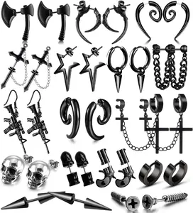 16 Pairs Punk Black Earrings Set for Men with Pendants, Chain-piercing Earrings, Suitable for Women and Unisex Wear, Stainless Steel Punk Earrings for Men,Screw Cone etc Hoop Long Chain Piercing Hoop Earrings Set