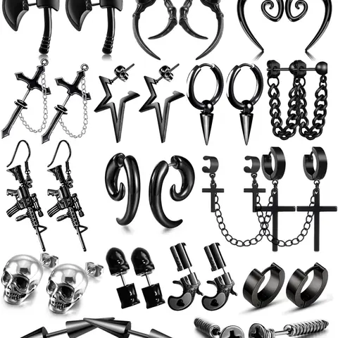 16 Pairs Punk Black Earrings Set for Men with Pendants, Chain-piercing Earrings, Suitable for Women and Unisex Wear, Stainless Steel Punk Earrings for Men,Screw Cone etc Hoop Long Chain Piercing Hoop Earrings Set