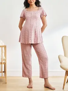 Women's Plain Lace Trim Short Sleeve Tee & Pants Pajama Two-Piece Set, Casual Comfy Round Neck T-Shirt & Trousers PJ Set, Maternity Sleepwear for Summer, Loungewear
