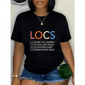 Women’s 180g Black Cotton Crew Neck Short Sleeve Graphic T-Shirt with LOCS Lettering - Loving the Journey Self Love Cultivating Every Strand Adorable Inspirational Tee for Ladies Casual Fashion Style