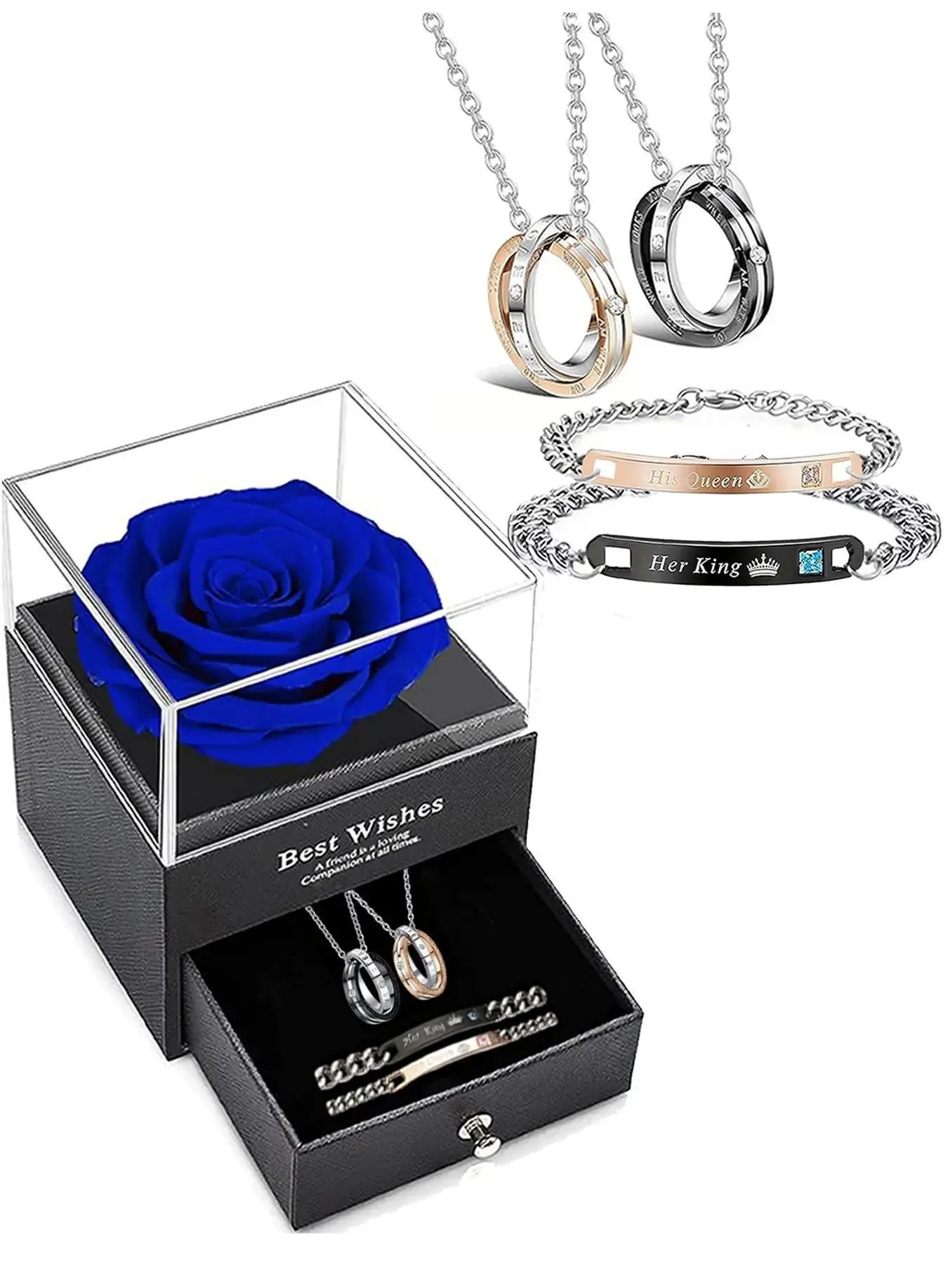 Couple's Promise Bracelet and Necklace Set with Soap Flower Gift Box, Personalized Couple Ring and Bracelet Set, Valentine's Day Gift, Trendy Jewelry Set