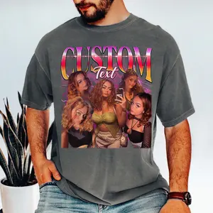BojjiCo Custom Photo and Text Bootleg Rap Tee Graphic T-Shirt For Men And Women Retro 90s Vintage Y2K Aesthetic Streetwear White Cotton Classic Fit Personalized Girlfriend Boyfriend Gift Custom Face Bootleg Design Trendy Tops