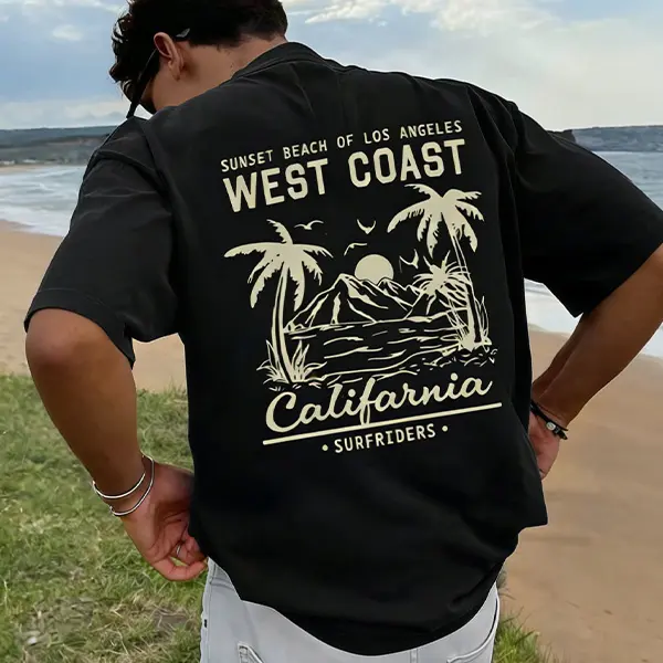 American West Coast California retro print short-sleeve T-shirt for men - loose fit with dropped shoulders, heavyweight pure cotton fabric; Los Angeles beach surfing vibe back graphic top; street casual, versatile plus-size menswear everyday base layer.,