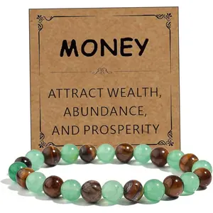 Adjustable Crystal Wealth Bracelet, Women's Natural Aventurine & Tiger Eye Beaded Bracelet, Feng Shui Good Luck Elastic Healing Protection Jewelry (Green Aventurine & Yellow Tiger Eye)