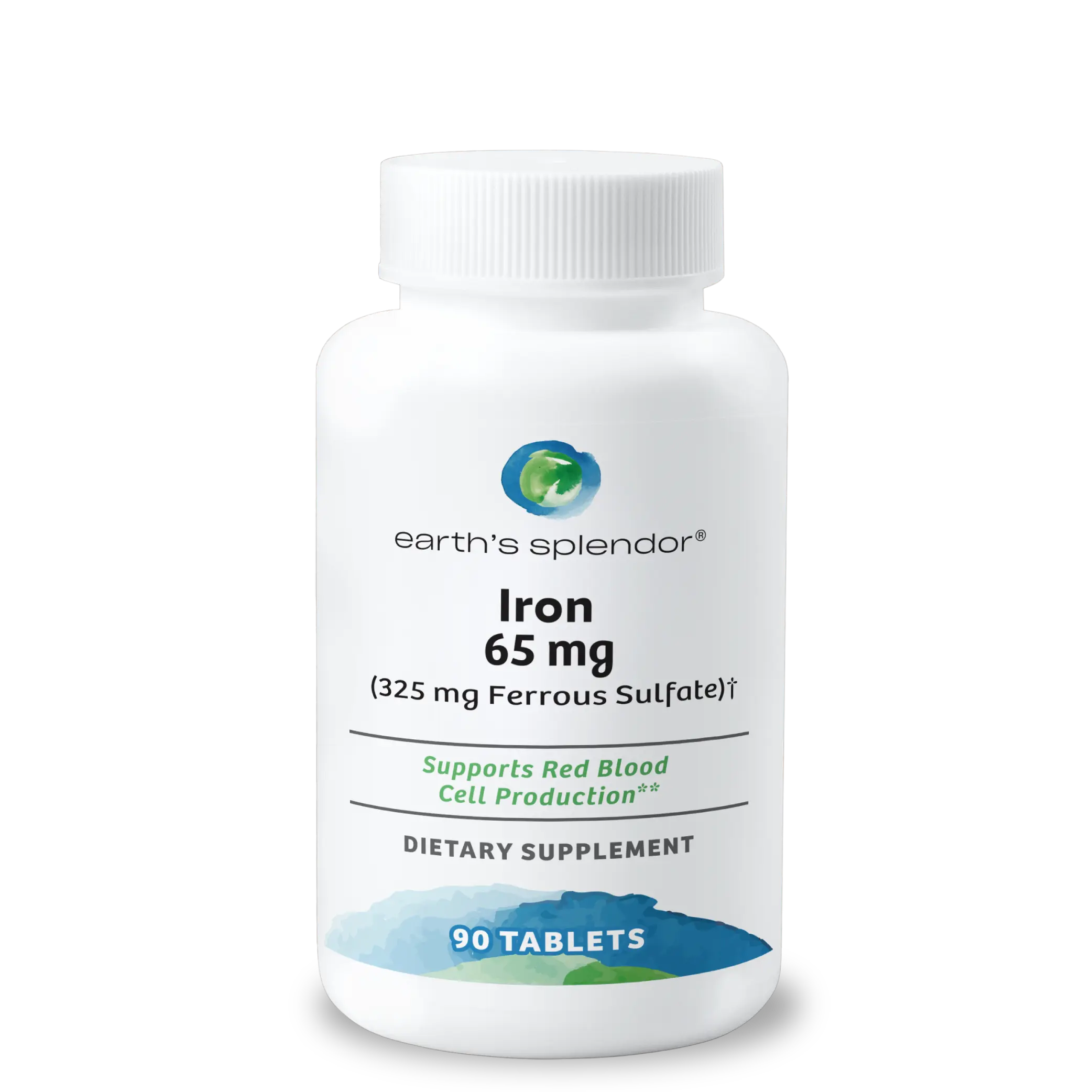 Earth's Splendor 65 mg Iron Tablets - US Contract Pharmacal Corp Prop 65 Safe Healthcare Supplement, Supports Energy Production & Vital Role in Cell Function