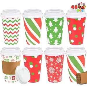 48 Pcs 16 oz Christmas Disposable Cups with Sleeves and Lids, 6 Designs Xmas Drinking Paper Cup For Hot Chocolate Coffee Cold Beverage Holiday Tableware Winter Party Supplies Favors