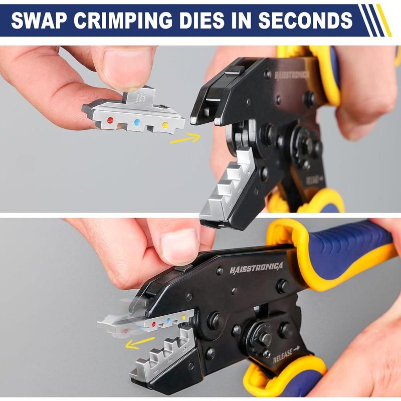 6 in 1 Crimping Tool Kit and Wire Stripper, Ratcheting Wire Crimper with 6 PCS Interchangeable Dies for Heat Shrink,Non-,Ferrule,Open Barrel,Connectors, men tool gifts