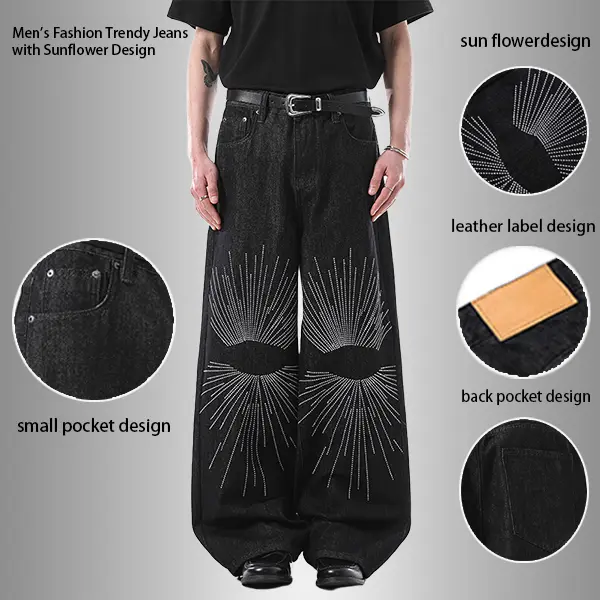 Men's Wide Leg Denim Jeans with Sunflower Design, Stylish Cotton Casual Streetwear Clothes with Pockets, Trouser for Halloween, Christmas, All-Season Menswear Bottoms