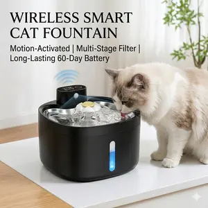 Wireless Rechargeable Cat Water Fountain 2.6L - Smart Infrared Motion Sensor Automatic Pet Water Dispenser, Stainless Steel, USB Cordless, 60-Day Battery Life, 4-Stage Filter for Cats & Dogs (Black/White)