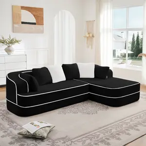 106" Teddy Fabric 3-Seat L-Shaped Chaise Sofa, No Assembly Required, High Density Sponge Boneless Sectional Couch with Contrast Color for Living Room