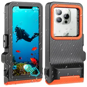 Professional Diving Waterproof Phone Case, Outdoor Swimming Snorkeling Surfing Underwater Touch Screen Photo Video Housing for iPhone 16 Pro Max Samsung S25 Ultra No More Than 6.9 Inch Smartphones(Black Orange) Protective Cover