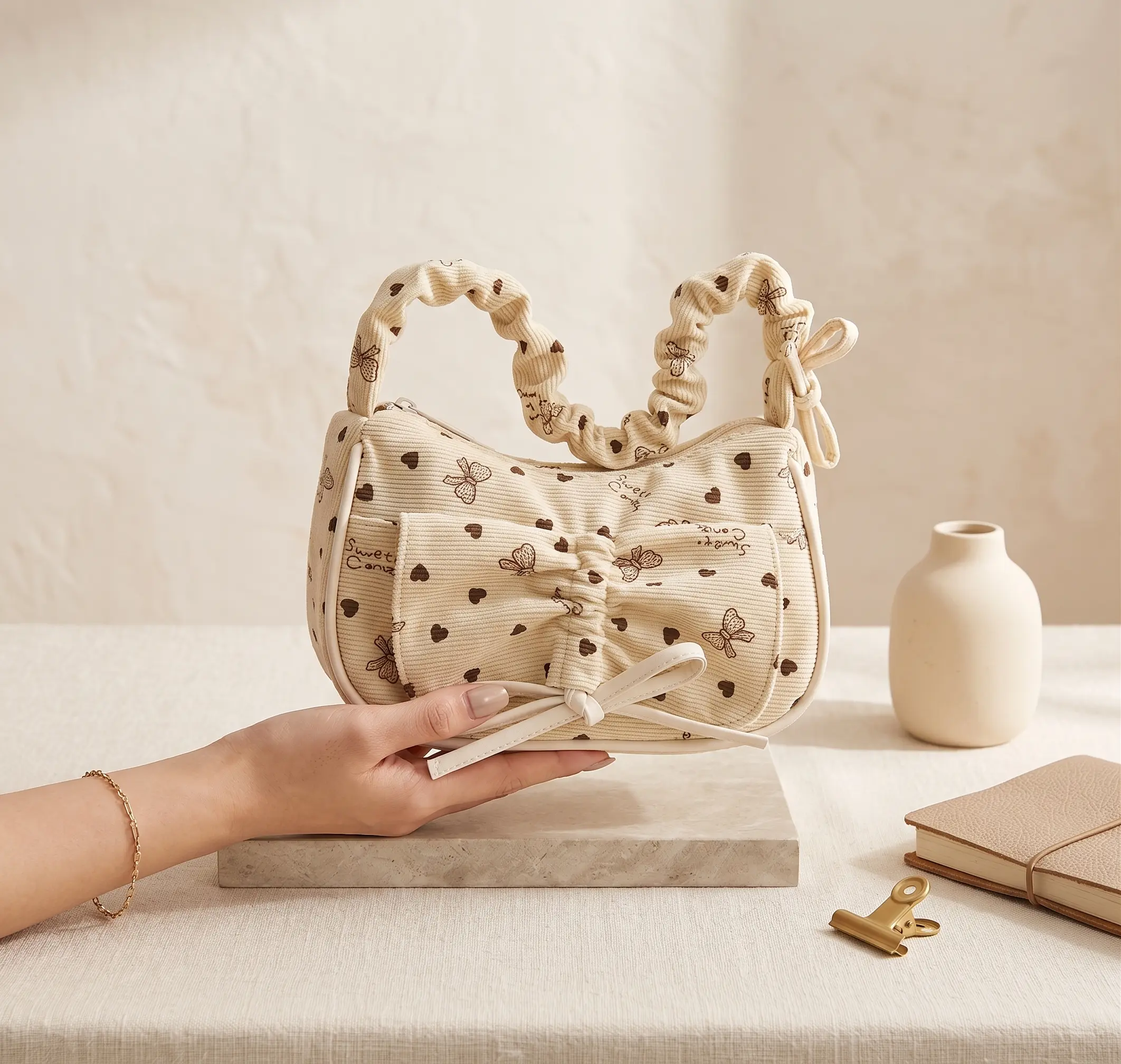 Women's Y2K Coquette Heart and Bow Print Small Shoulder Bag, Cute Cream Corduroy Underarm Purse with Ruched Scrunchie Strap and Ribbon Detail, Casual Everyday Handbag with Front Pocket for Girls
