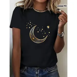 Women's Short Sleeve Cotton Graphic Tshirt - Celestial Moon & Stars Print, Loose-Fit Crew Neck, Breathable Stretch Fabric, Machine Washable, Fitted Cosmic Galactic Star-Themed Women's T-Shirts for Casual Chic, Vacation Wear