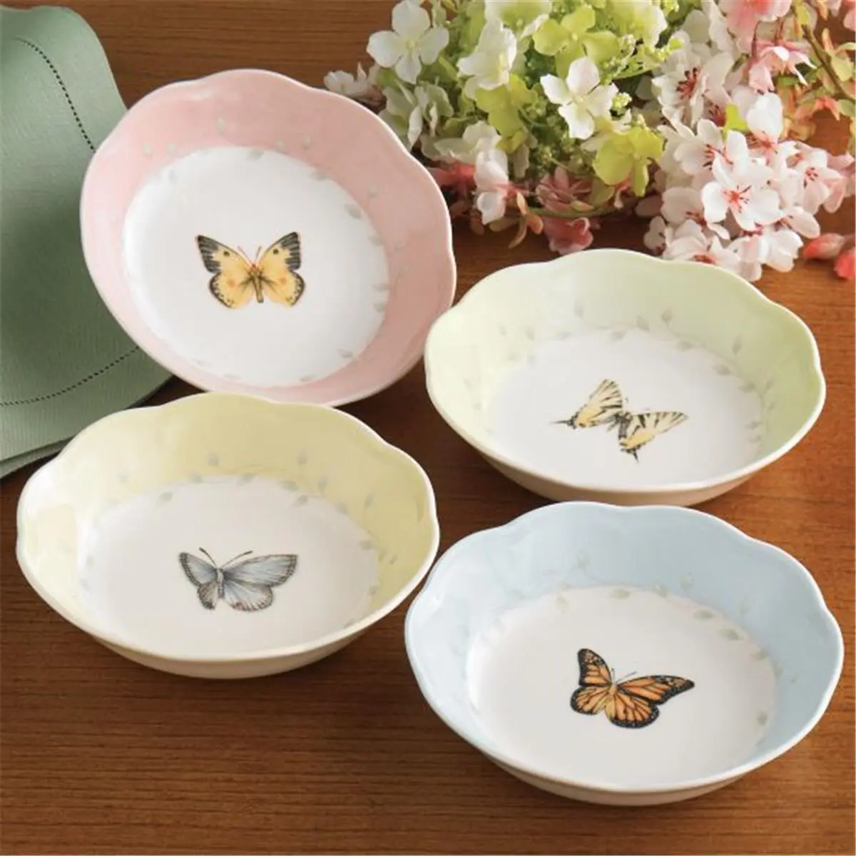 212 MAIN Porcelain Round Bowls, Microwave Safe Colorful Bands Tableware Fruit Dish Set of 4 (1 Pack)