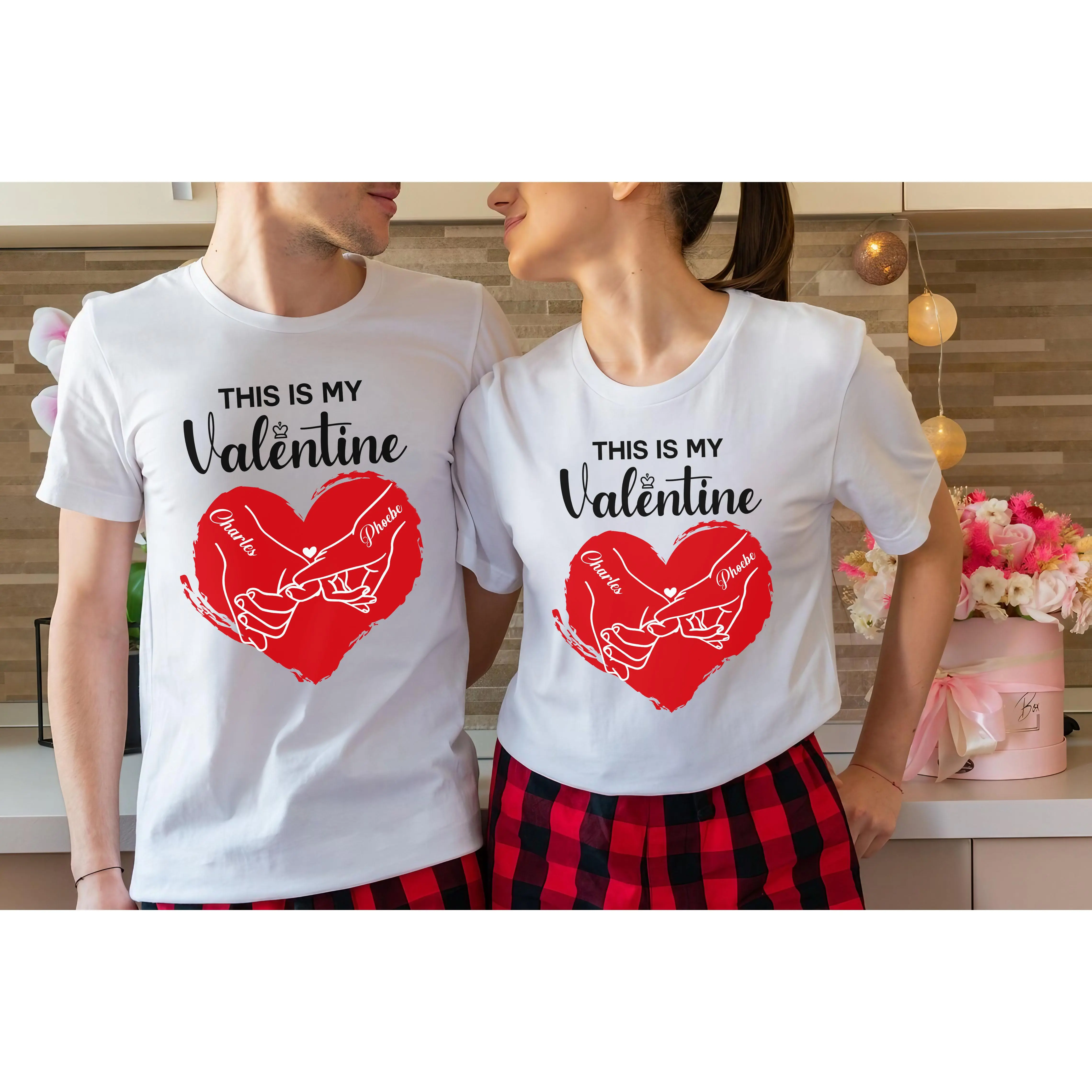 This Is My Valentine Shirt, Personalized Name Hands Couple T Shirt, Funny Valentines Day Gifts For Couples Wife Husband Dad Mom Tee, Retro Red Heart Short Sleeve Tshirt