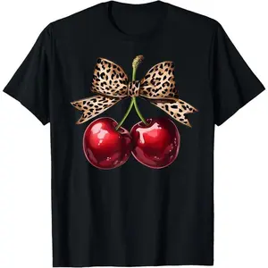 [Graphic Tee] 100%25 cotton Retro Cherry Leopard Coquette Bow Cute Cherries Women Girls T-Shirt women graphic shirts, Cherry Graphic Tee, Retro Cute T-Shirt, Women's Fashion Graphic Tee