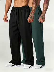 2-pack men’s summer solid-color loose basic ice silk casual pants, mid-rise drawstring street-style trousers, trendy athletic menswear bottoms for summer, breathable cool feel wear, labeled pocket design