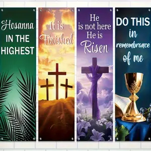 Easter Theme Backdrop Banner, 4 Counts/set Cross & Letter Pattern Banner, Wall Decor for Church Sanctuary Walls, Celebrations, Gifts, and Home, Ornaments