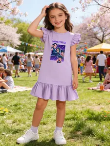 Girls' Summer Dress, Fashion Print, Fly Sleeve Ruffle Breathable Short Sleeve Princess Dress, Casual Style, Fitted Design, Frilled Dress