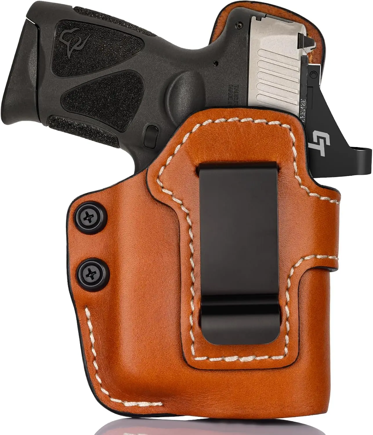 Adjustable Low-Profile Silhouette IWB Carry Leather Holster - Full-Grain, Optic-Ready, Right-Handed Brown, Fits 1.75" Belt Steel Clip, Custom Fit for G17/19/22/23/31/32, M&P Shield 9mm/.40, Taurus G2C/G3C & TLR-6/TLR-6 HL, Durable Hunting Accessory