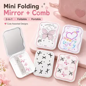 Cute Mini Folding Pocket Mirror-Comb Set, Portable Beauty Tool for Travel, Daily Makeup Use