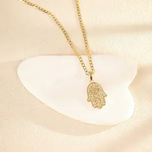 14K Solid Gold Hamsa Necklace 2mm 16" 18" Real Gold Protection Pendant for Women