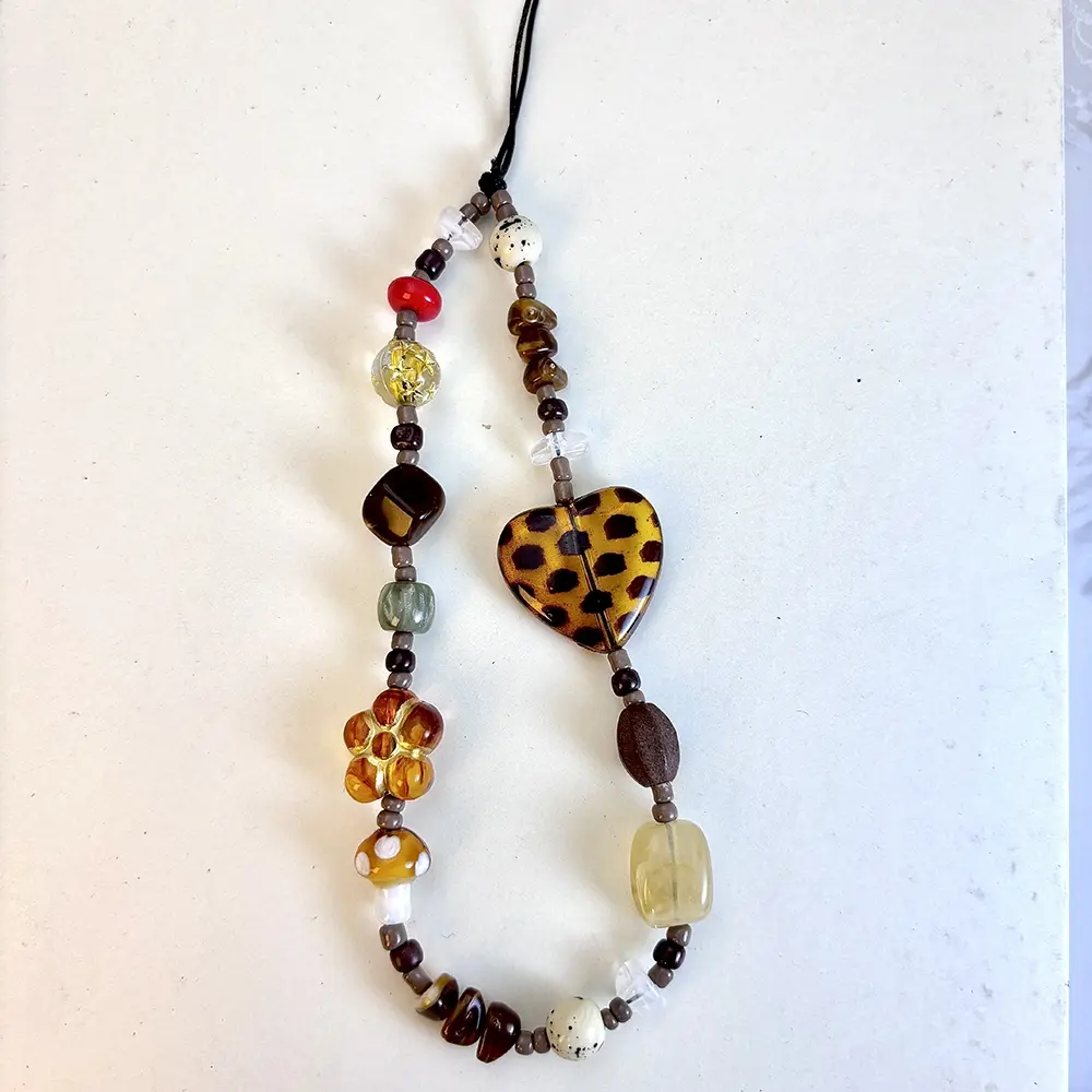 1 piece of retro amber leopard print heart-shaped mushroom flower mobile phone wristband hanging rope - keychain camera pendant mobile phone strap anti lost rope bracelet Phone Charm Phone Lanyard Phone Accessory