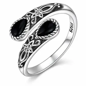 B 925 Sterling Silver Adjustable Open Band for Women, Mystic Witch Black Obsidian Ring, Gothic Magic Jewelry, Spiritual Energy Crystal Ring, Perfect Gift for Birthday, Mother's Day & Occult Lovers, Boho Wedding Engagement Trending Ring