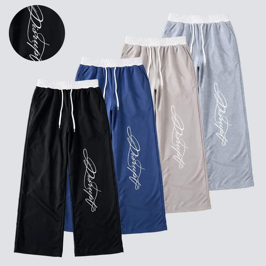 Men’s retro print wide-leg pants with a contrasting white elastic waistband and drawstring, loose casual streetwear trousers