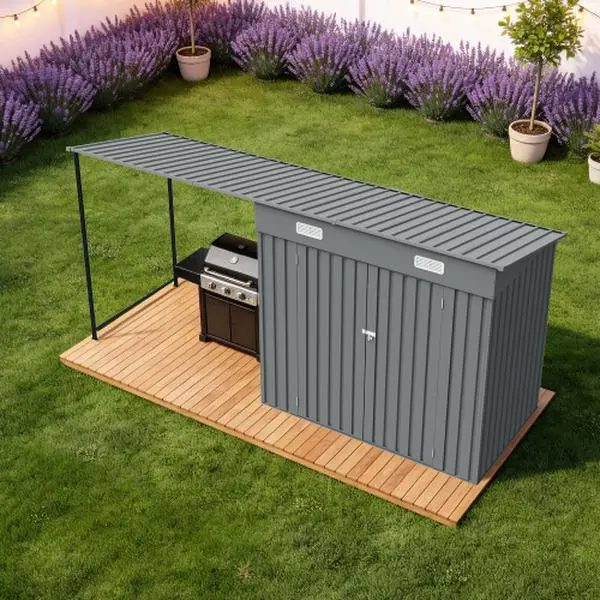SAYGOGO 2-in-1 Galvanized Steel Shed + Pergola Combo, 12x4 FT Unit with 6x4 FT Lockable Outdoor Storage Shed & Open Gazebo, Sun Protection, Windproof, Pre-Drilled Holes for Grilling, Decks, Gardens