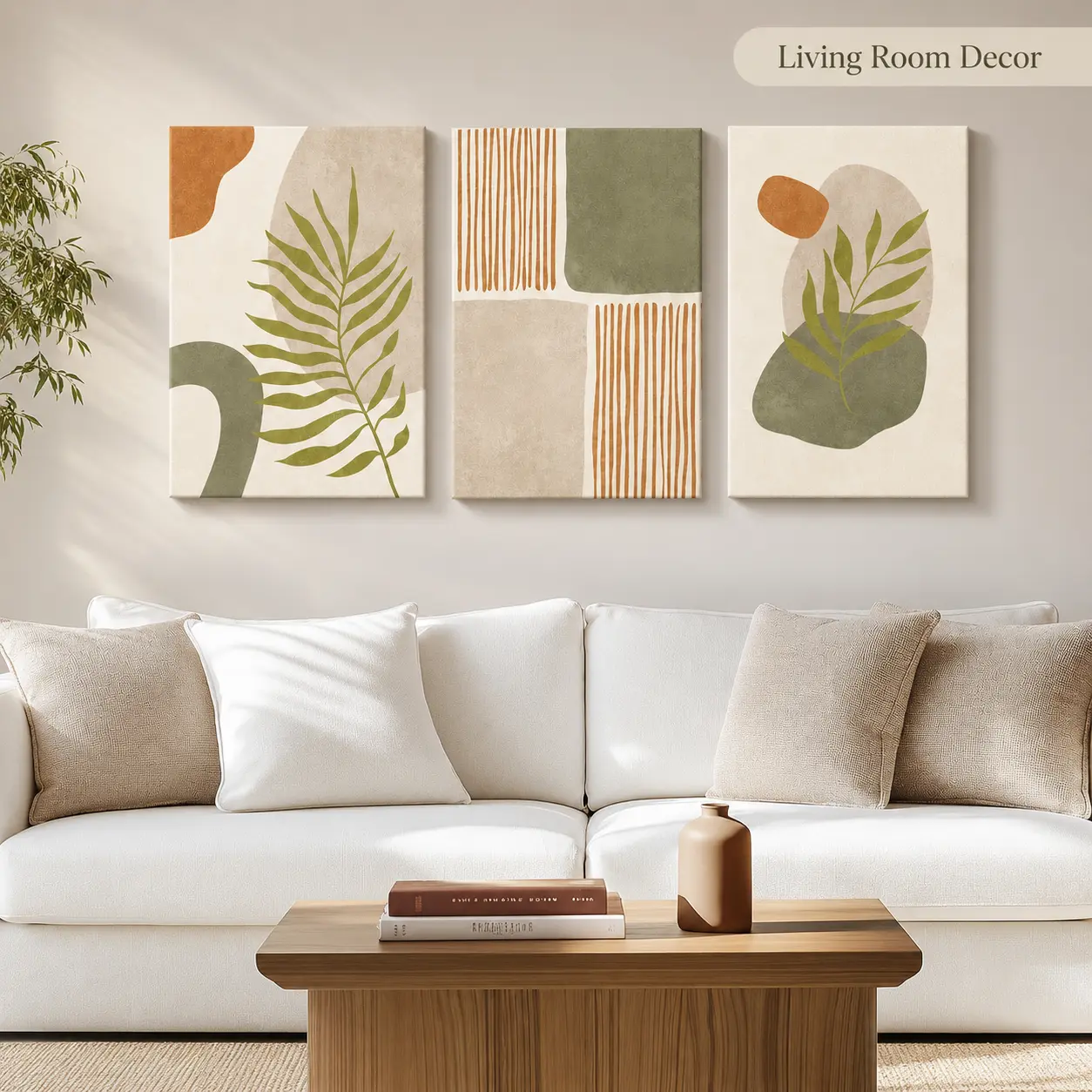 Framed Mid-Century Modern Boho Canvas Wall Art, 3-Piece 16x24 Inch Tropical Sage Green Religious Motivational Prints, Beige Decor for Bedroom Living Room Hallway design