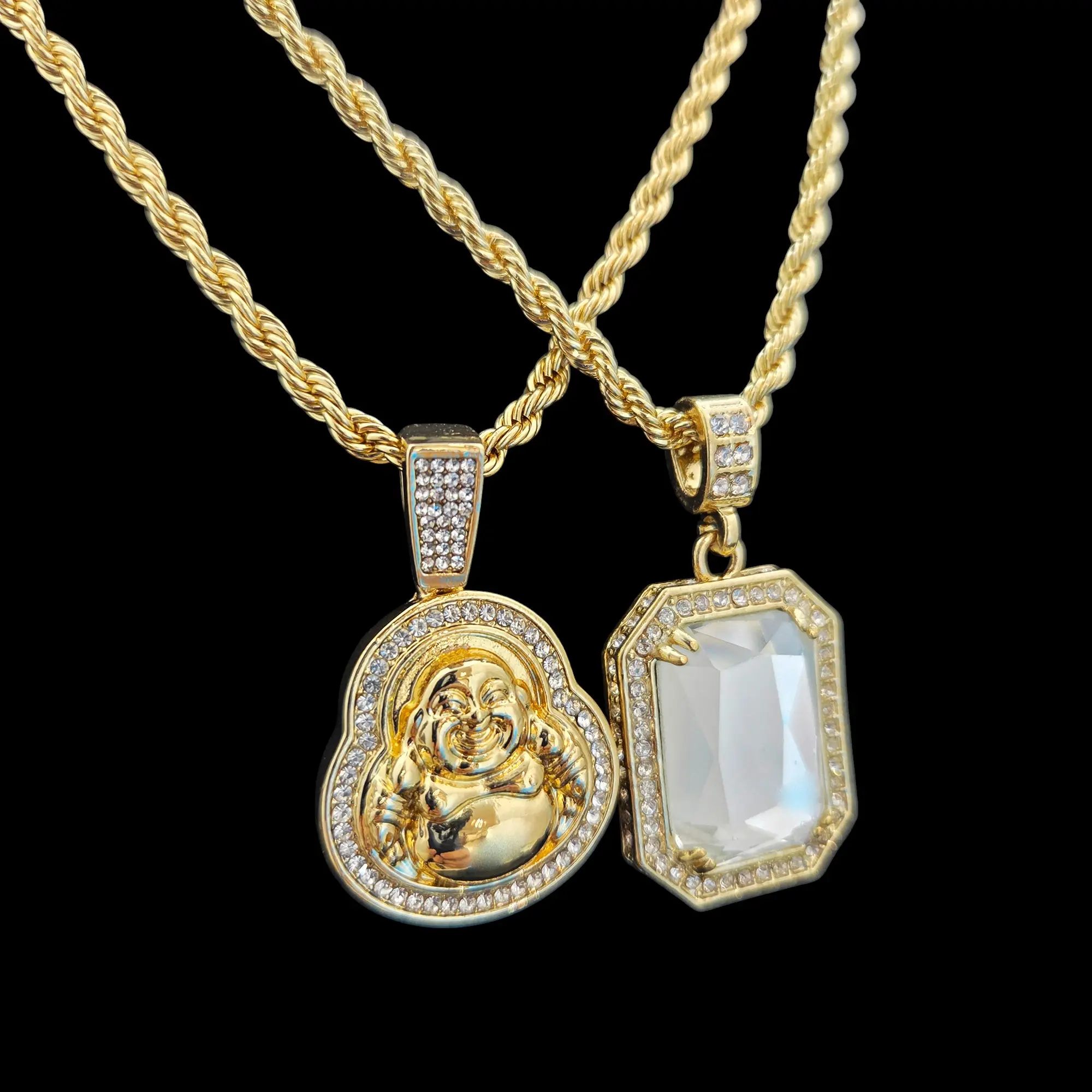 MaxBling81 Iced Happy Buddha & Clear CZ Gemstone Religious Pendant, 4mm 24" Rope Chain Gold-Plated Necklace, Hip Hop Celeb Style