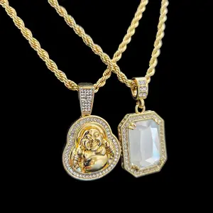 MaxBling81 Iced Happy Buddha & Clear Gemstone CZ Religious Pendant 4mm 24" Rope Chain 2 Necklace Gold Plated Hip Hop Celebrity Style