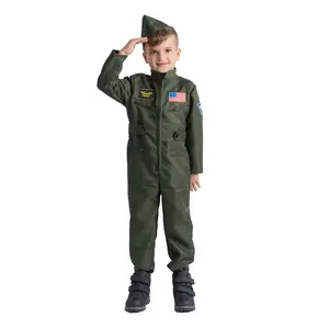Fighter Pilot Costume Dress For Kids - Olive Green Jumpsuit & Matching Cap - Boys Costume For Halloween, Role Play , Pretend Play Fun, Theme Party & Cosplay Costume Party
