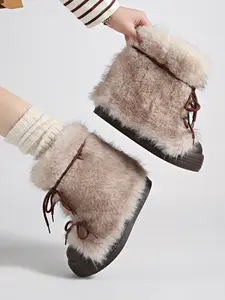 Women's Plush Fall Winter Boots, Warm and Slimming Short Boots, Fashionable Lace-Up Design, Textile Upper, Rubber Sole, Above Ankle Height