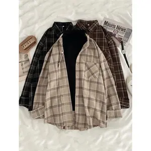 VintageWomenPlaidShirtsAutumnLongSleeveOversizeButtonUpTopsKoreanLooseCasualFallOutwearFemmeShirts