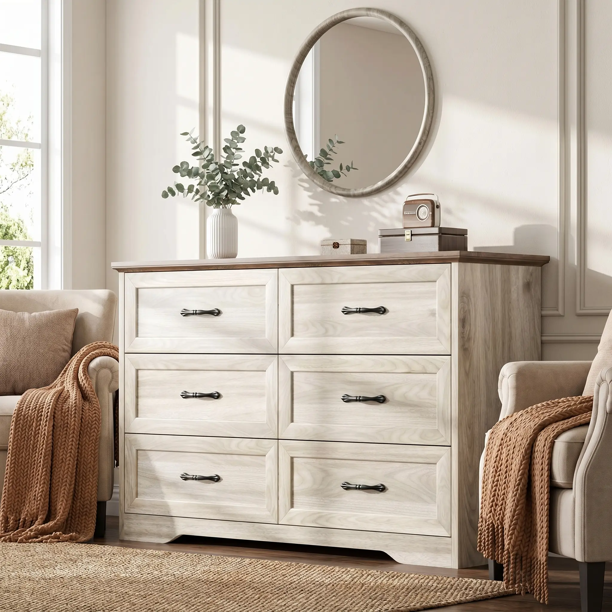 YJ-Garvee Farmhouse 6 Double Drawers Dresser for Bedroom, 47.2'' Wide Chest  of Drawer, Wooden Horizontal