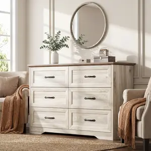 YJ-Garvee Farmhouse 6 Double Drawers Dresser for Bedroom, 47.2'' Wide Chest of Drawer, Wooden Horizontal Dresser with Metal Handles and Stable Base, Modern Cabinet for Bedroom, Living Room, Pine Grain Grey/Brown Contrast