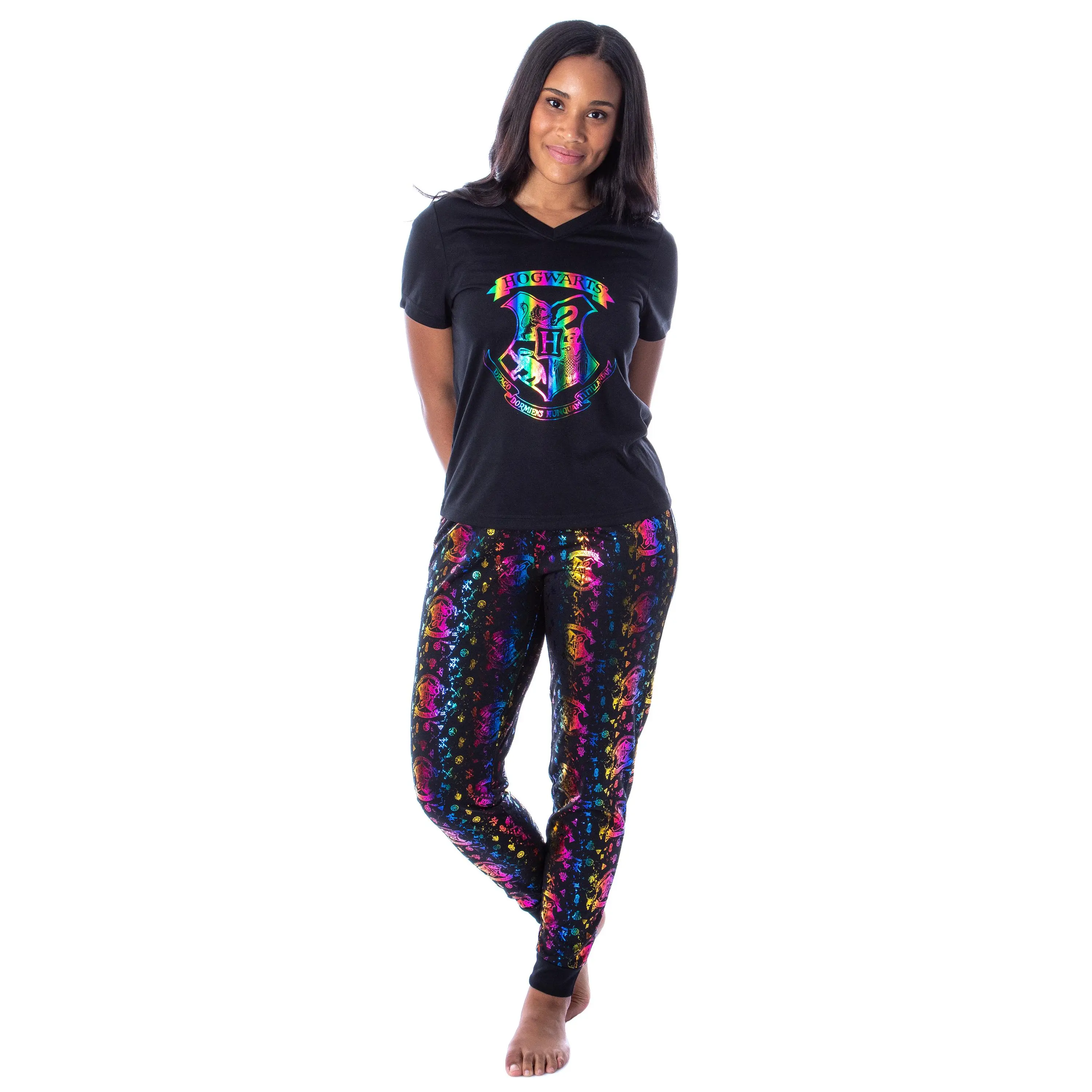 Harry Potter Womens' Rainbow Foil Hogwarts Crest 2 Piece Pajama Jogger Set