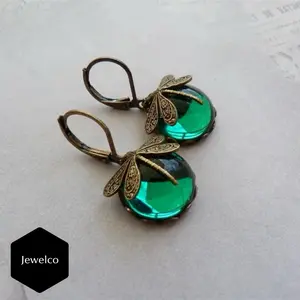“Vintage Dragonfly Green Gemstone Earrings  Retro Moonstone Inlay Dangle”