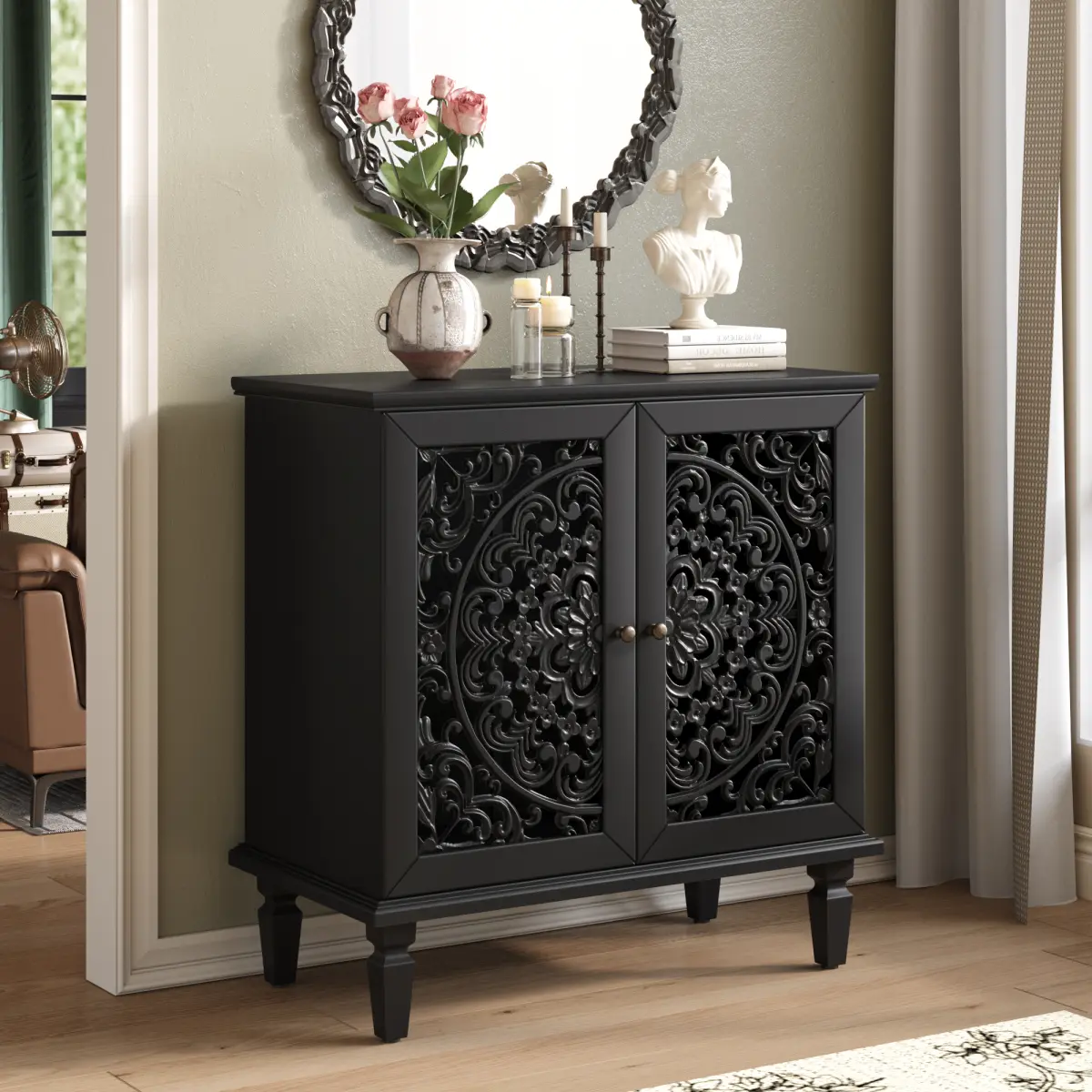 Summerwins Vintage Carved Double Door Accent Cabinet - Interior Storage Furniture, Classic, Sturdy Solid Wood Legs, Symmetrical Floral Pattern, Adjustable Shelves, Flat Pack, Small Room Ideas, Cabinet Enclosure Living Room Furniture for Entryway