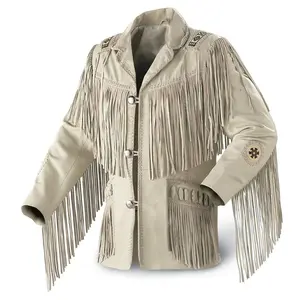 Men's White Suede Leather Fringe Cowboy Jacket