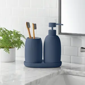 Ceramic Stoneware Bathroom Accessory Set, 3-Piece, Blue – Soap Pump Dispenser, Tumbler, and Accessory Tray