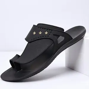 Men's Black Gold Studded Slide Sandals - Comfortable Thong Slippers with Pyramid Rivets for Summer Street Style