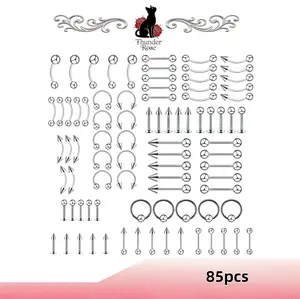 85pcs Surgical Steel Body Piercing Jewelry Pack, 14G/16G Mixed Nose Studs, Lip Studs, Eyebrow Rings & Navel Jewelry, Includes Curved Barbells, Straight Barbells and Horseshoe Rings
