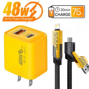 48W Fast Charger with 6.6FT 4-in-1 USB A+C Fast Charging Cable, Multi-port Adapter Set for iPhone 17/17 Air/16/15/14/Samsng S25/S24/Ultra/iPad/Airpods Cellphone Electronic Accessories