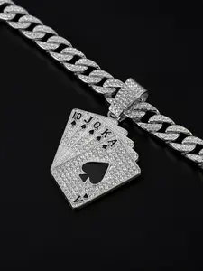 Hip Hop Playing Card Full Diamond Pendant, Alloy Necklace with Full Diamond Cuban Chain, Street Culture Art Jewelry, Unique Hip Hop Style Accessory, Poker Card Necklace, Hip Hop Accessories