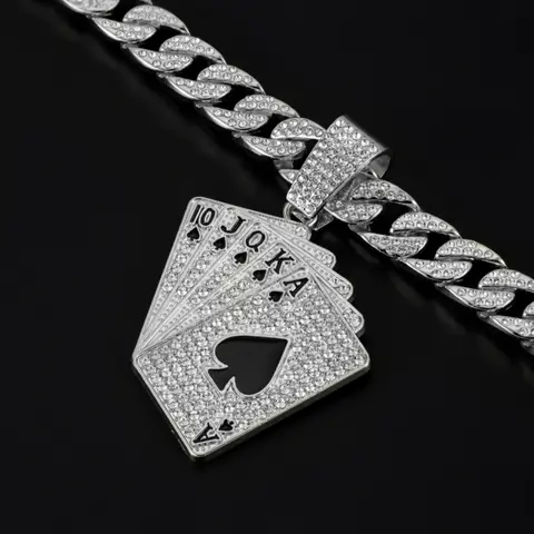 Hip Hop Playing Card Full Diamond Zircon Accented Pendant, Alloy Necklace with Full Diamond Cuban Link Chain, Street Culture Art Jewelry, Rap Style Jewelry, Unique Hip Hop Style Accessory, Poker Card Necklace